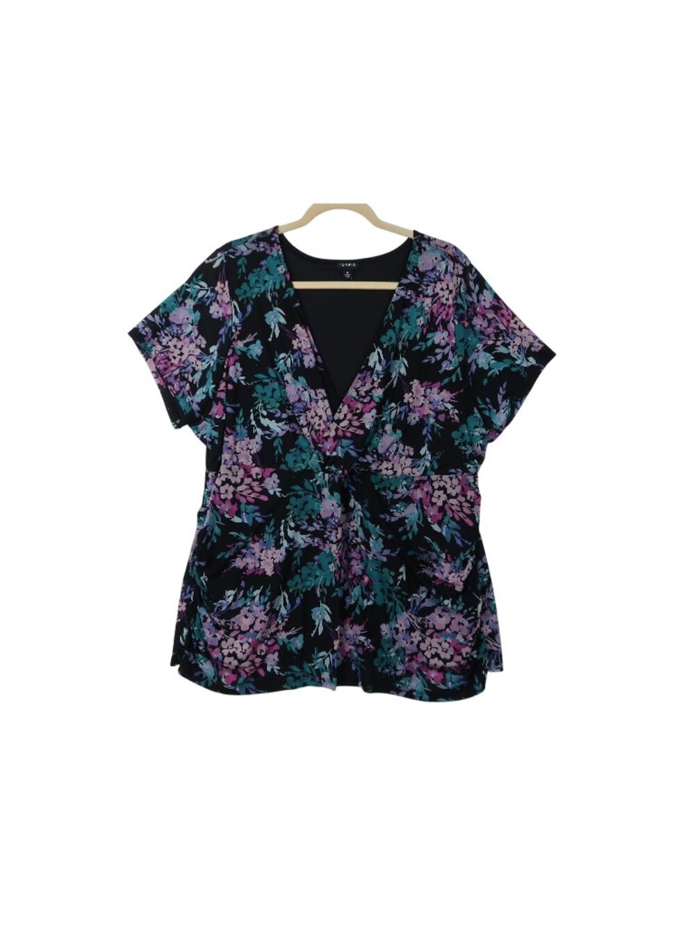 ✨3/$30 Torrid 4X Floral Surplice Blouse Black Purple Green Short Sleeve Stretchy